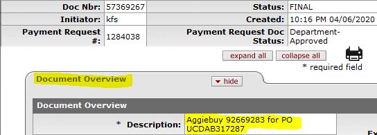 Image of KFS PREQ document for AB Purchase Order