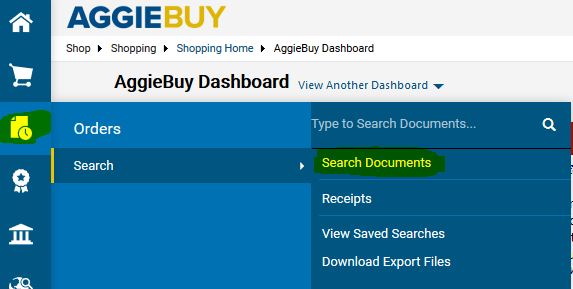 AggieBuy Left Menu Document Search