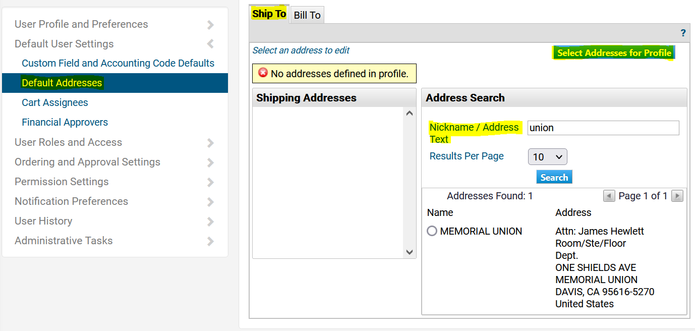AggieBuy Default Address Setup