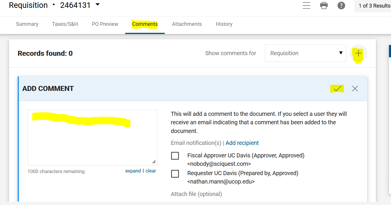 AggieBuy: Adding a comment to Requisition