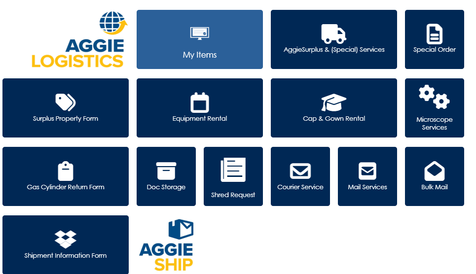 AggieLogistics Main Menu