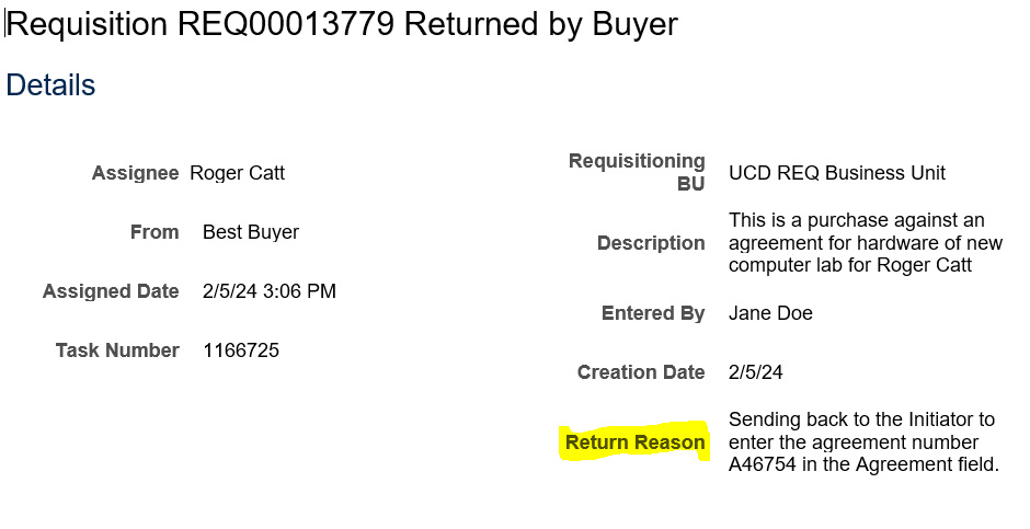 Requisition with Returned Reason Entered