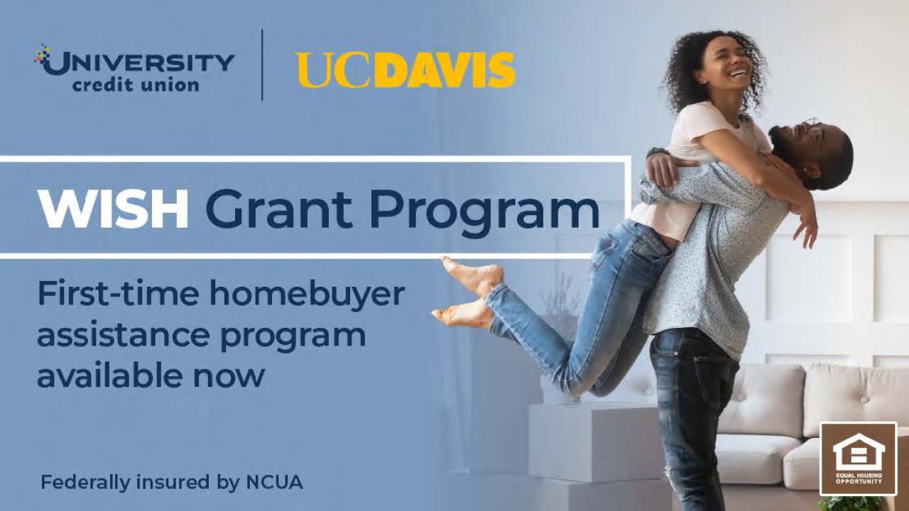 University Credit Union | UC Davis wordmarks at the top with image of two people celebrating. "WISH grant program: First-time homebuyer assistance program available now. Federally insured by NCUA."