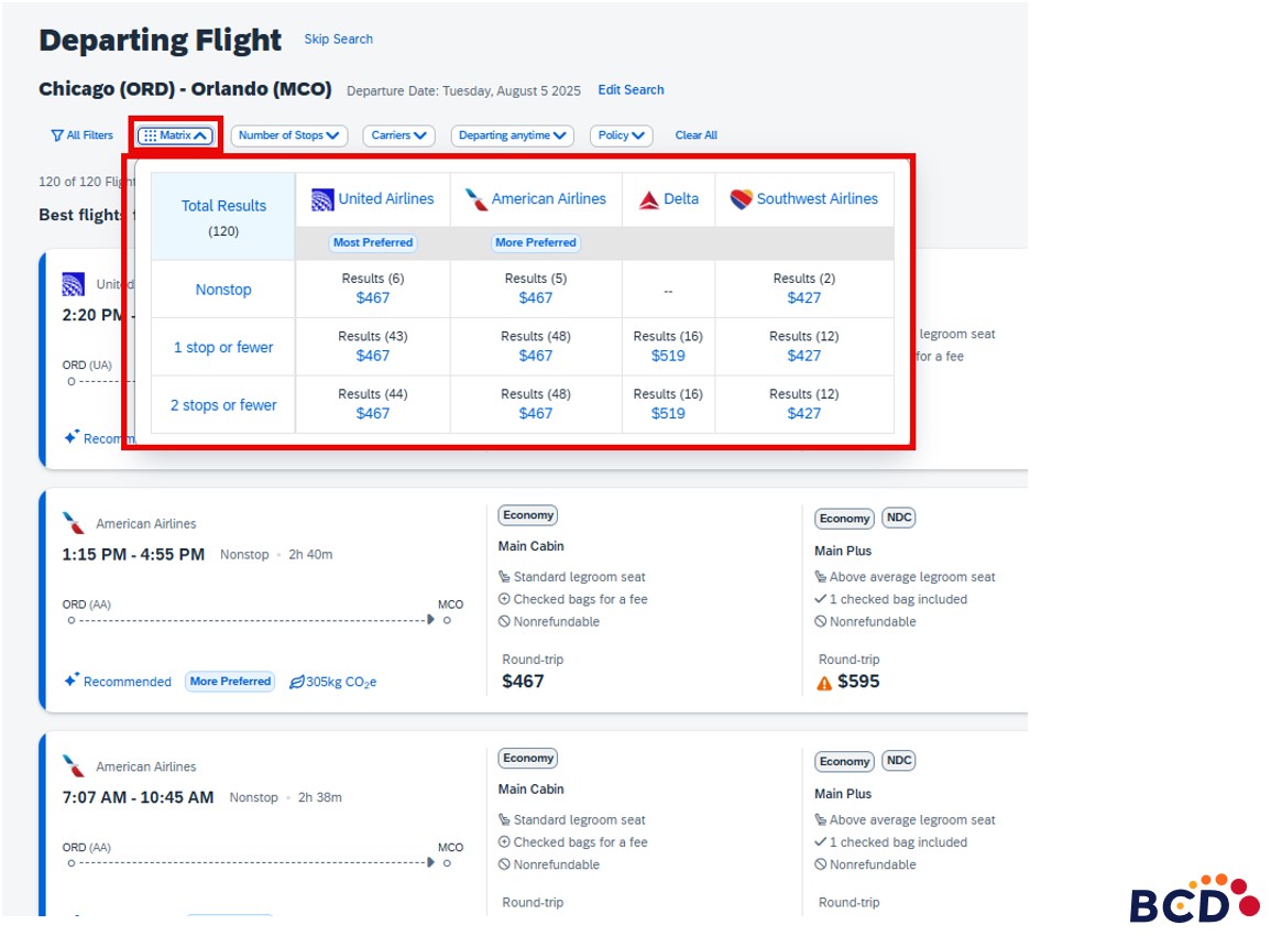 Screenshot of flight matrix